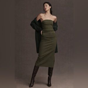 Anthropologie The Soleil Slim Strapless Ruched Green Midi Dress Size XSP NWOT